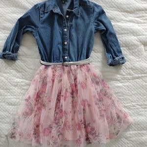 Girls Pink Floral Tulle Skirt Dress with Denim Top